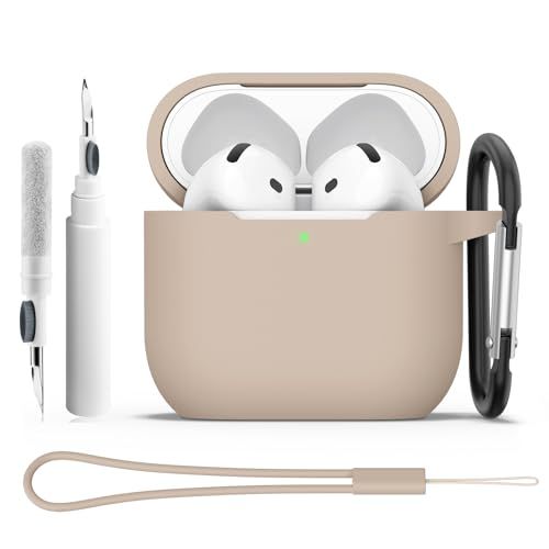 Coque Étui pour AirPods 4 2024 avec Kit de Nettoyage, Housse de Protection en Silicone Ultra-Fin Antichoc de 2mm, Accessoires 4-in-1 pour Apple AirPods 4ᵉ Génération avec Mousqueton et Cordon