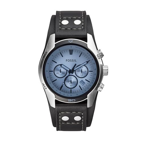 Fossil Montre pour homme Coachman, mouvement chronographe à quartz, boîtier en acier inoxydable argenté de 45 mm avec bracelet en cuir véritable, CH2564