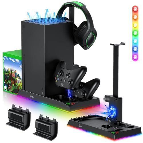 Support de Charge RGB avec Ventilateur de Refroidissement pour Xbox Series X Console & Manette, Station de Chargeur & Refroidisseur Accessoires avec 15 Lumières RGB & 2 x 1400mAh Batterie Rechargeable