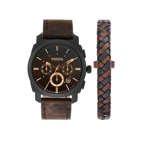 Fossil Montre pour homme Machine, mouvement chronographe à quartz, boîtier en acier inoxydable noir de 42 mm avec bracelet en cuir, FS5251SET