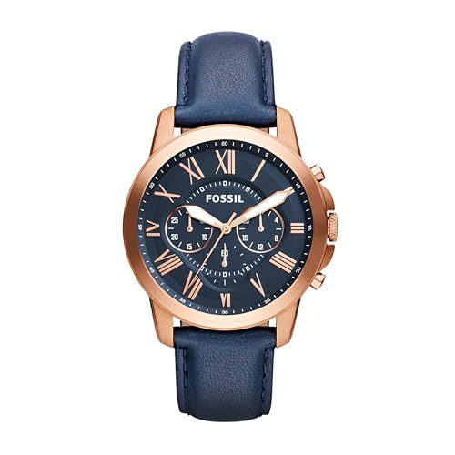 Fossil Montre pour hommes Grant, mouvement chronographe à quartz, boîtier en acier inoxydable or rose 44 mm avec bracelet en cuir véritable, FS4835